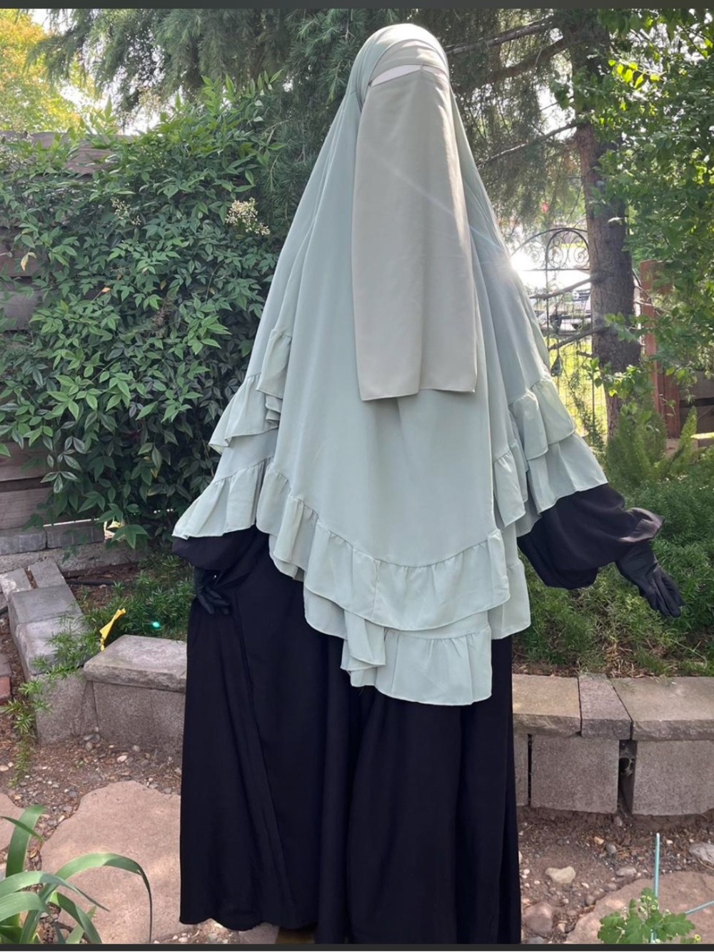 Modest Two-Piece Abaya and Ruffled Khimar in Mint Green and Black